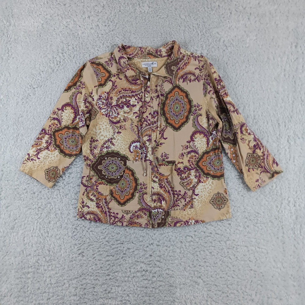 Caribbean Joe Petite Medium Paisley Leopard Print Full Zip Jacket 3/4 Sleeve Tan